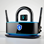 **

A modern smart home router with a padlock icon superimposed, emphasizing security. Include elements like a Wi-Fi symbol and perhaps a globe to represent the network. Style should be clean and tech-focused.

**