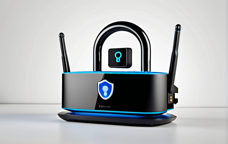 **
A modern smart home router with a padlock icon superimposed, emphasizing security. Include elements like a Wi-Fi symbol and perhaps a globe to represent the network. Style should be clean and tech-focused.
**