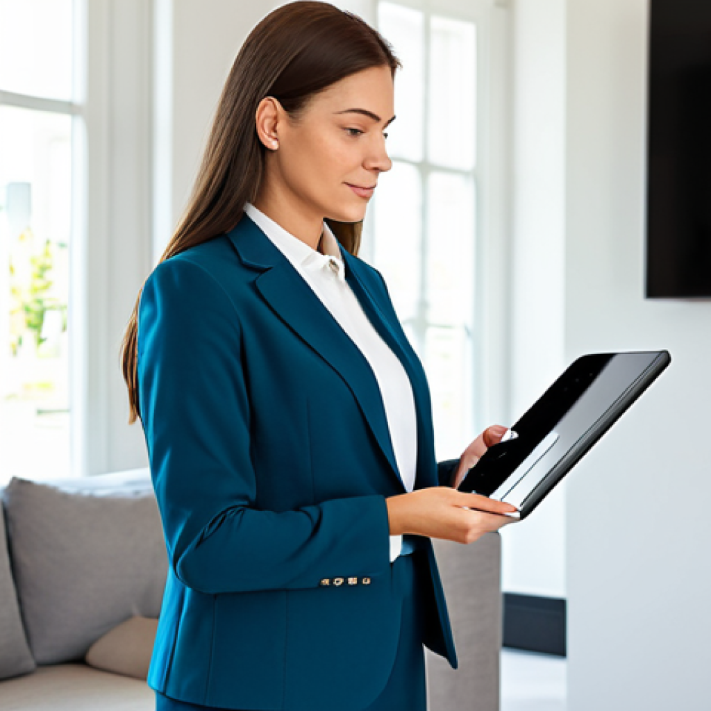 A professional woman, fully clothed in a modest business casual suit, stands in a brightly lit, contemporary living room. She holds a tablet displaying a detailed smart home energy monitoring application, showing real-time consumption data. A sleek smart plug is visible in the foreground, connected to an appliance, symbolizing energy efficiency. The room is clean and modern, bathed in natural light, evoking a sense of control and understanding.
Quality modifiers: professional photography, high resolution, detailed, perfect anatomy, correct proportions, natural pose, well-formed hands, proper finger count, natural body proportions, safe for work, appropriate content, family-friendly.