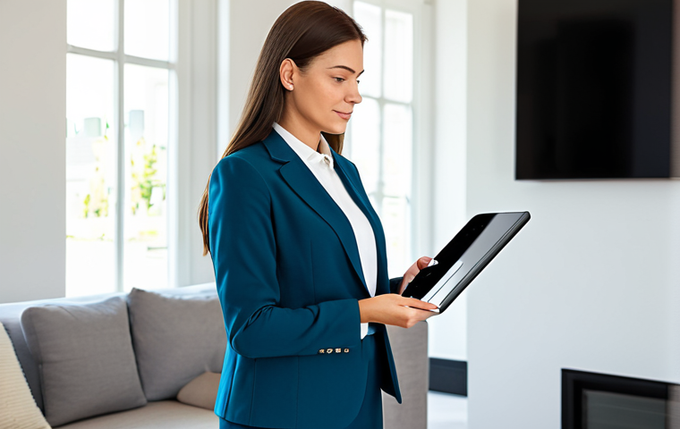 A professional woman, fully clothed in a modest business casual suit, stands in a brightly lit, contemporary living room. She holds a tablet displaying a detailed smart home energy monitoring application, showing real-time consumption data. A sleek smart plug is visible in the foreground, connected to an appliance, symbolizing energy efficiency. The room is clean and modern, bathed in natural light, evoking a sense of control and understanding.
Quality modifiers: professional photography, high resolution, detailed, perfect anatomy, correct proportions, natural pose, well-formed hands, proper finger count, natural body proportions, safe for work, appropriate content, family-friendly.