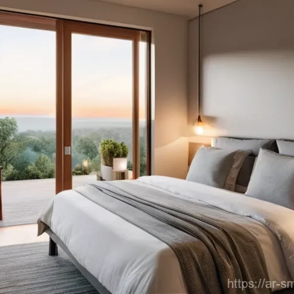 스마트홈 환경에서의 라이프 해킹 - **Prompt:** "A serene, sun-drenched modern bedroom at dawn. Soft, warm light from smart ceiling ligh...