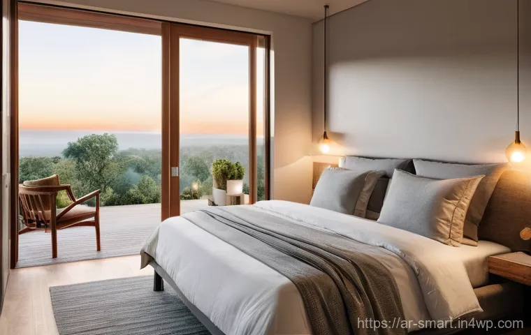 스마트홈 환경에서의 라이프 해킹 - **Prompt:** "A serene, sun-drenched modern bedroom at dawn. Soft, warm light from smart ceiling ligh...