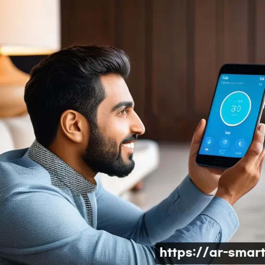 스마트홈 기기 브랜드 비교 - A modern smart home control interface displayed on a sleek smartphone screen held by an Arabic man i...