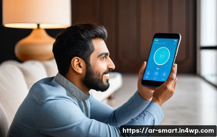 스마트홈 기기 브랜드 비교 - A modern smart home control interface displayed on a sleek smartphone screen held by an Arabic man i...