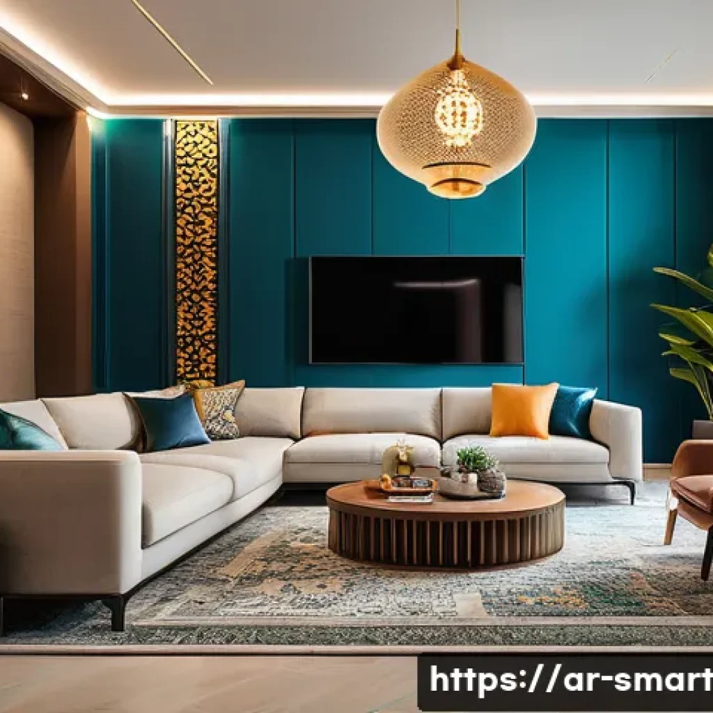 스마트홈과 IoT 기술의 관계 - A modern Arabic home interior featuring a smart living room with voice-controlled devices like Alexa...