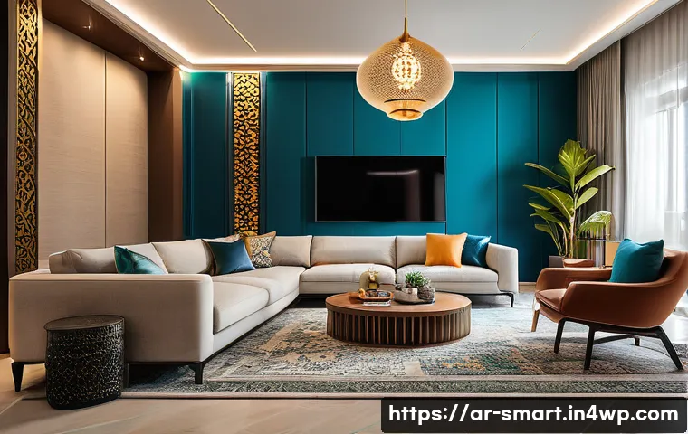 스마트홈과 IoT 기술의 관계 - A modern Arabic home interior featuring a smart living room with voice-controlled devices like Alexa...