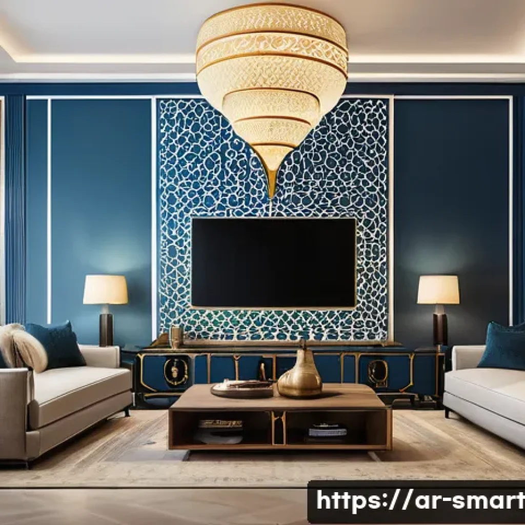 스마트홈의 데이터 저장 및 관리 방법 - A modern Arabic smart home interior featuring advanced hybrid cloud and local data storage systems, ...