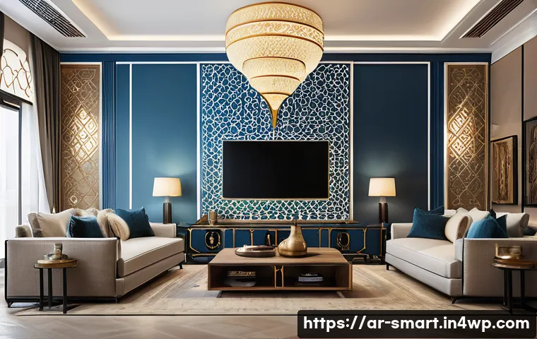 스마트홈의 데이터 저장 및 관리 방법 - A modern Arabic smart home interior featuring advanced hybrid cloud and local data storage systems, ...