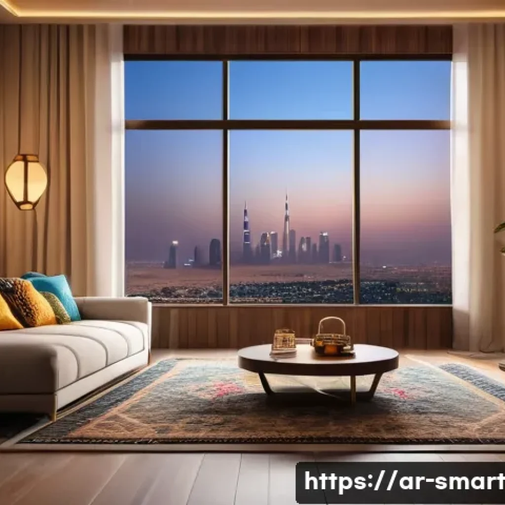 스마트홈에서의 사물인터넷 활용 - A modern Arabic living room interior featuring a smart home setup, with a Middle Eastern man using a...