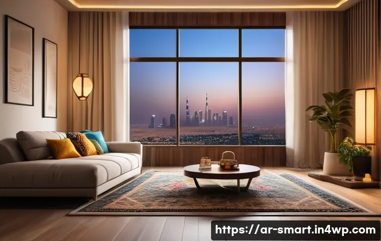 스마트홈에서의 사물인터넷 활용 - A modern Arabic living room interior featuring a smart home setup, with a Middle Eastern man using a...