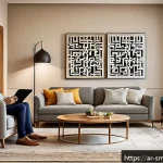 Home 21 스마트홈에서의 데이터 분석 활용 - A modern Arabic family living room in a smart home environment, showcasing energy-efficient devices ...