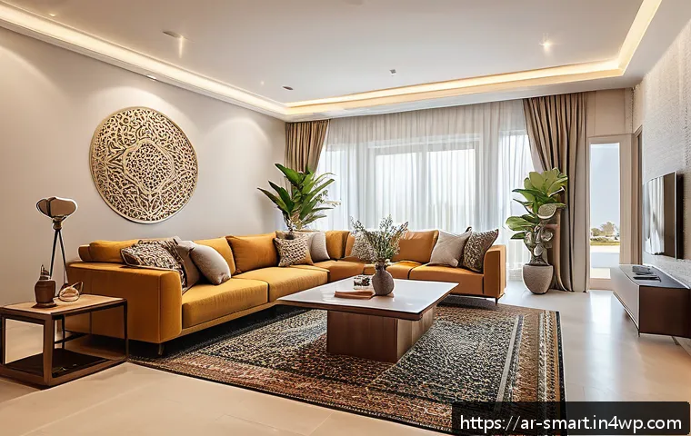 스마트홈 기술의 발전과 그 영향 - A modern Arabic family living room in a Middle Eastern home, featuring smart home technology seamles...
