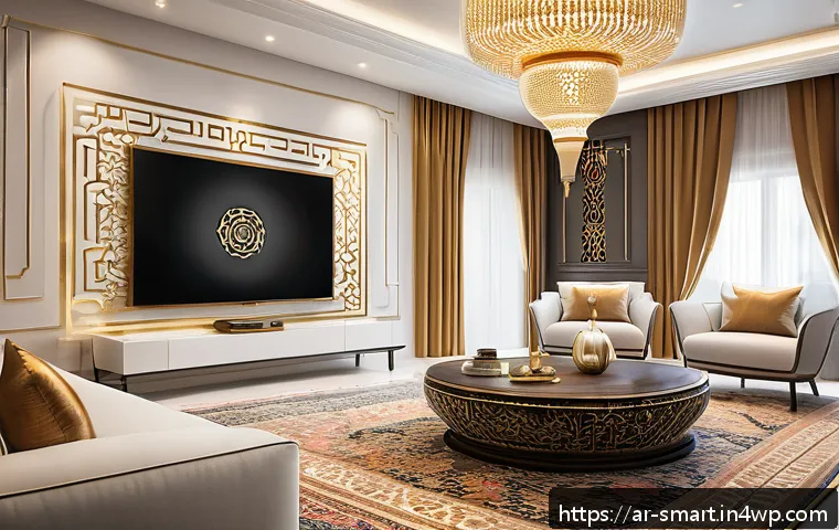 스마트홈 기기 평균 수명 및 유지관리 - A modern smart home control room in a stylish Arabic living space, featuring sleek smart security ca...