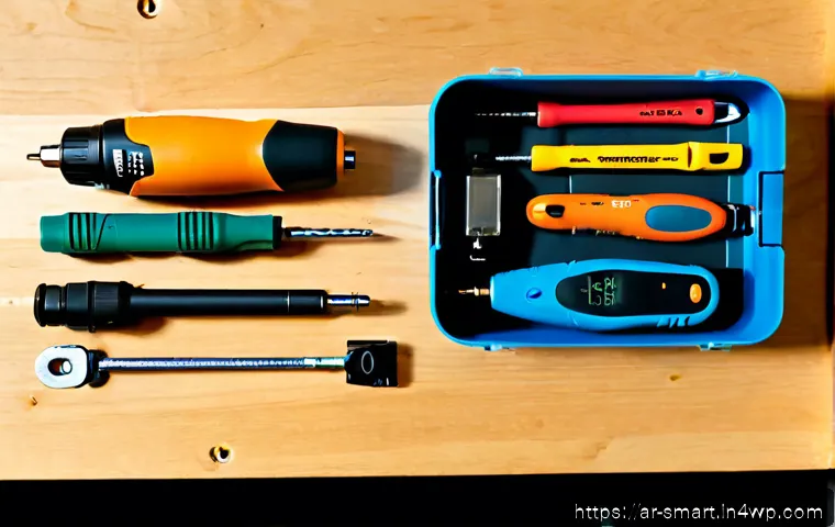 스마트홈 설치 시 필요한 도구 목록 - Photorealistic overhead flat lay of essential smart home installation tools neatly arranged on a cle...